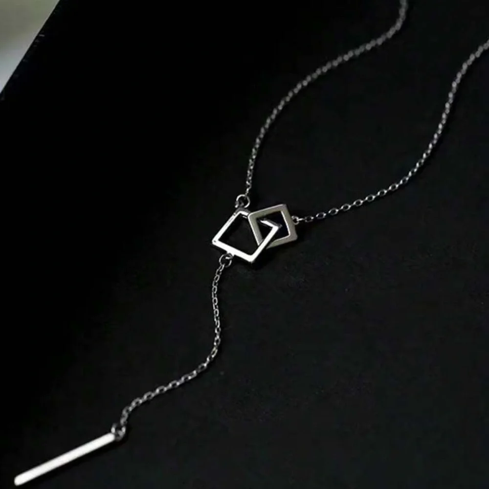 Silver Plated Stainless Steel Geometric Lariat Necklace Minimalist Drop Necklace - Picture 2 of 2